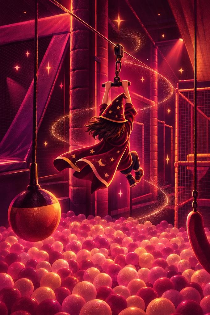Niña con sombrero de mago cruzando la pista de obstáculos sobre la piscina de pelotas