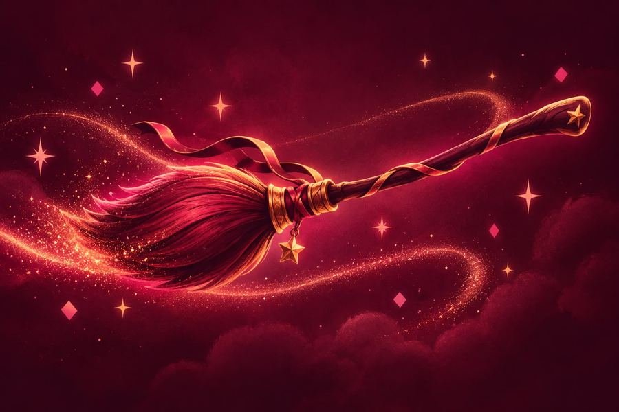 Una escoba mágica lista para volar entre estrellas doradas