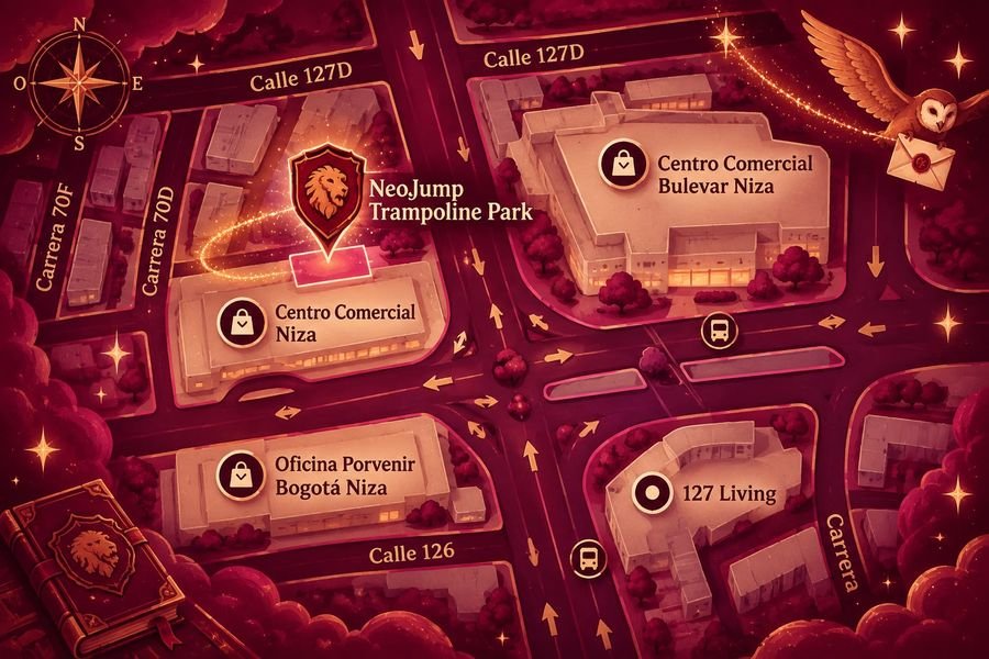 Mapa ilustrado del recorrido hasta NeoJump Trampoline Park, en el sótano del Centro Comercial Niza, con una lechuza llevando la carta