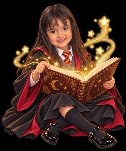 Silvana leyendo un libro mágico lleno de estrellas doradas